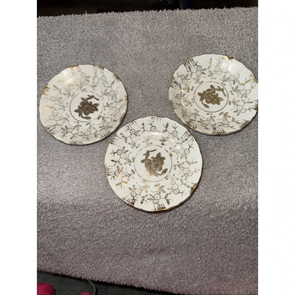 1930's Sterling China Japan Demitasse Gold & White 3 Saucers Only Vintage